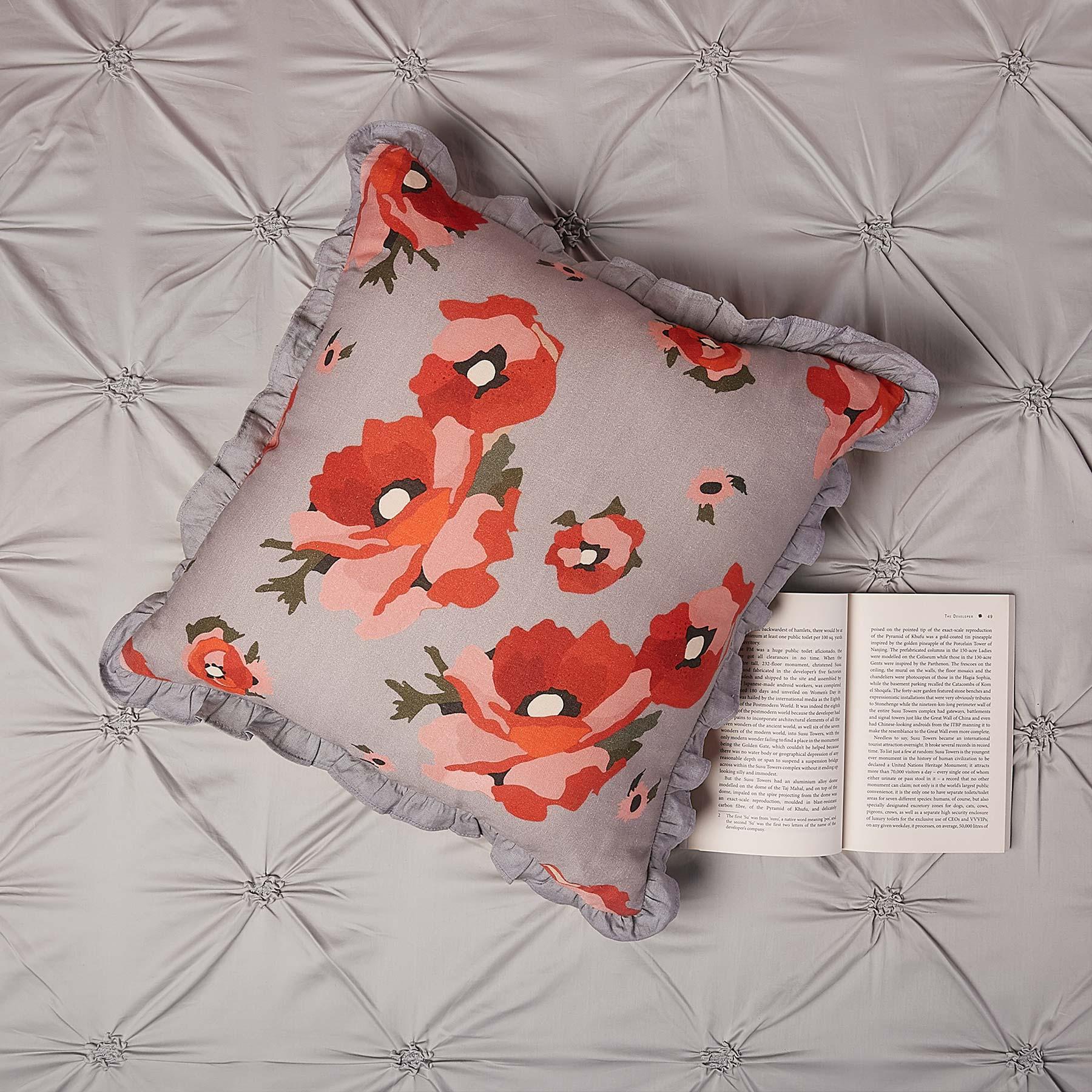 Grey Bloom Ruffle Cushion Cover