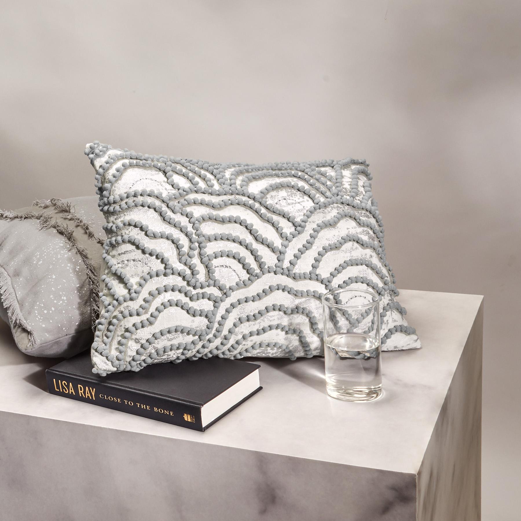 Grey Pom Pom Rectangle Cushion Cover