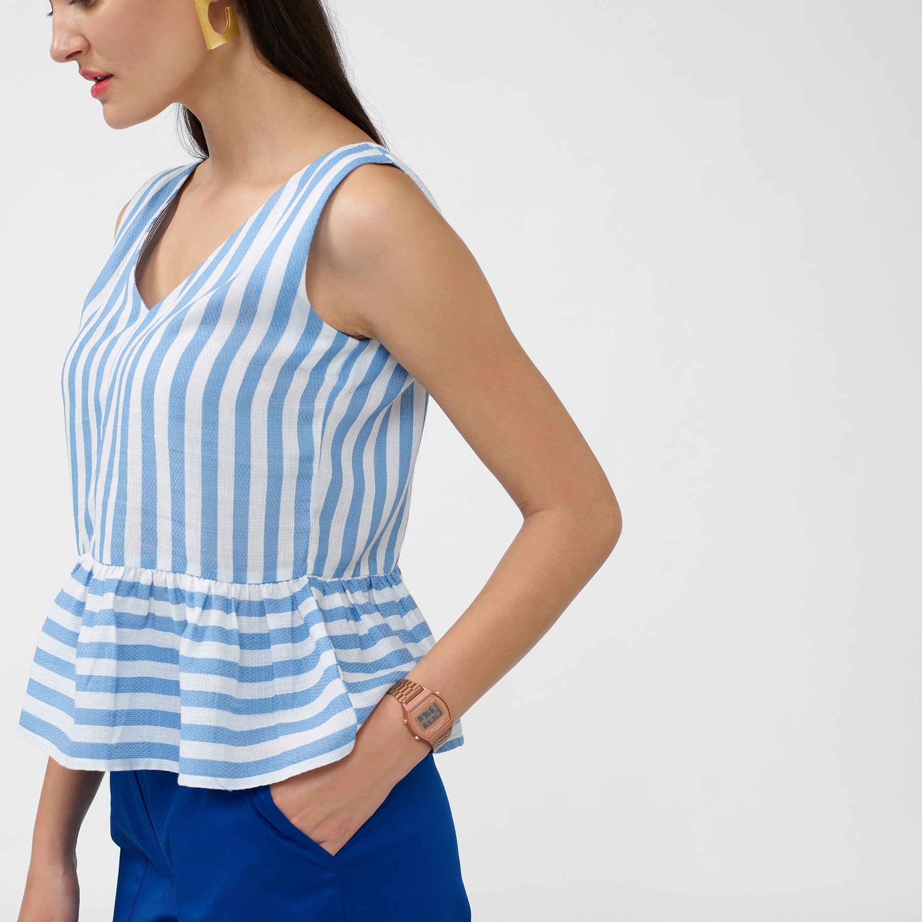 Ocean Striped Sleeveless Peplum Top