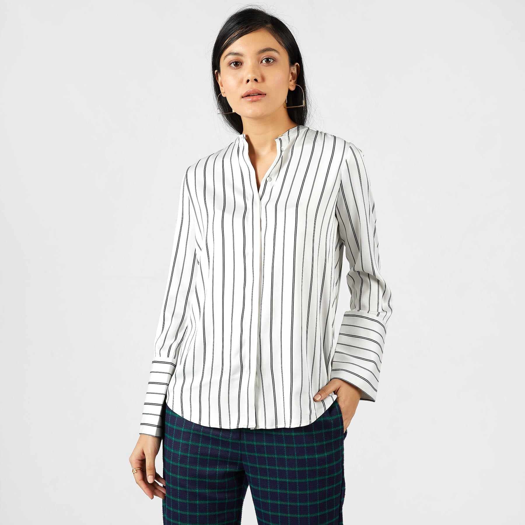 Monochrome Striped Pussy Bow Shirt