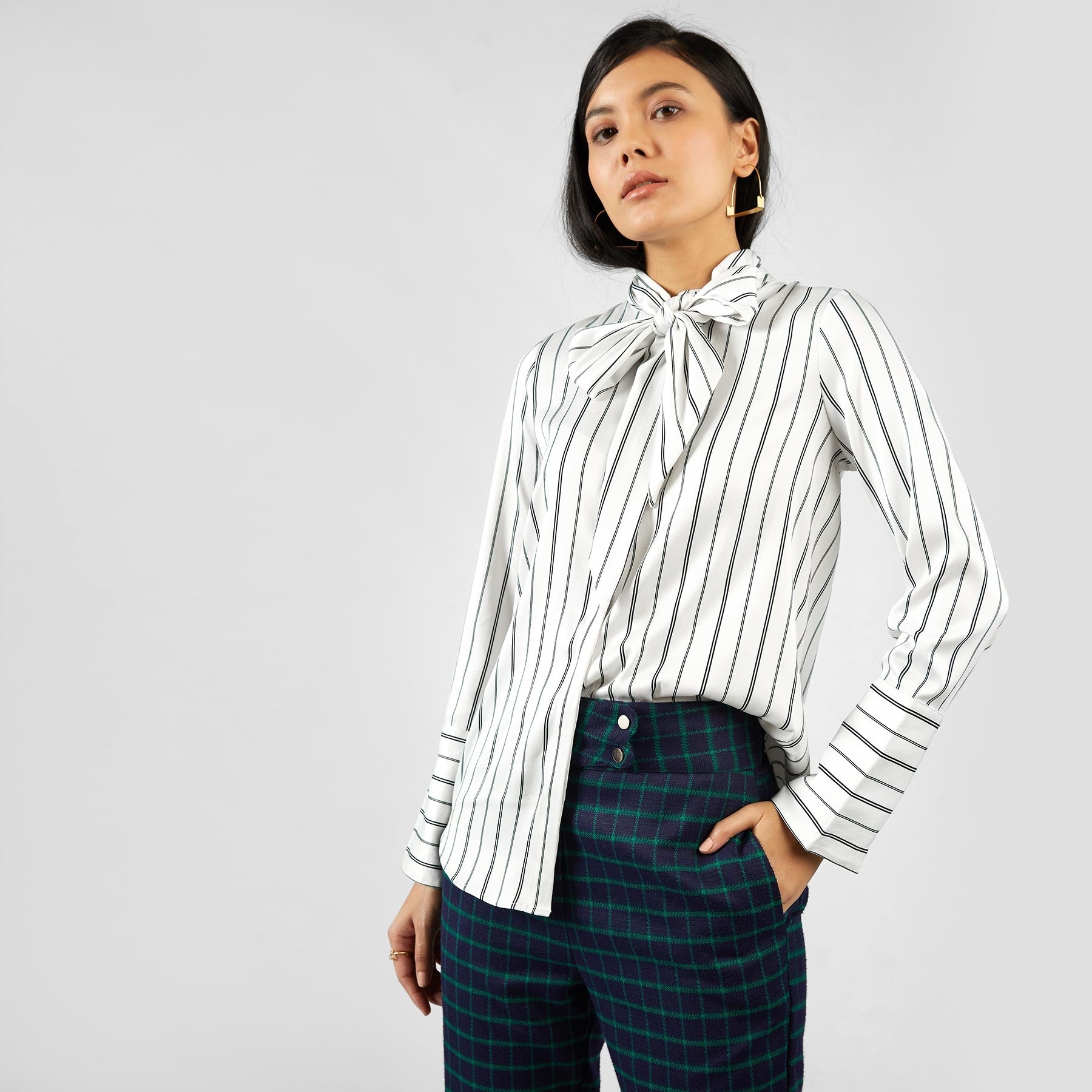 Monochrome Striped Pussy Bow Shirt