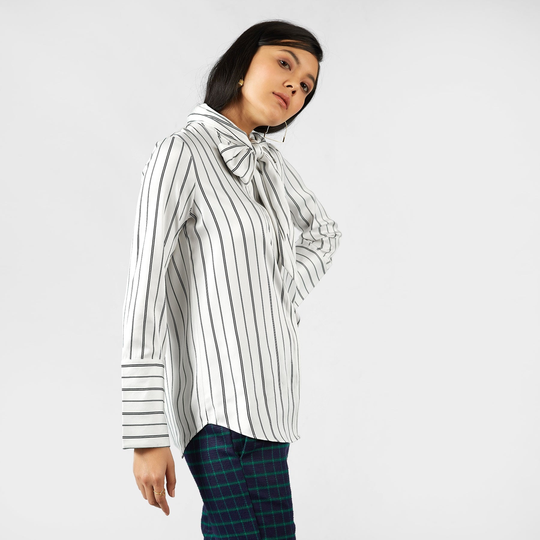 Monochrome Striped Pussy Bow Shirt