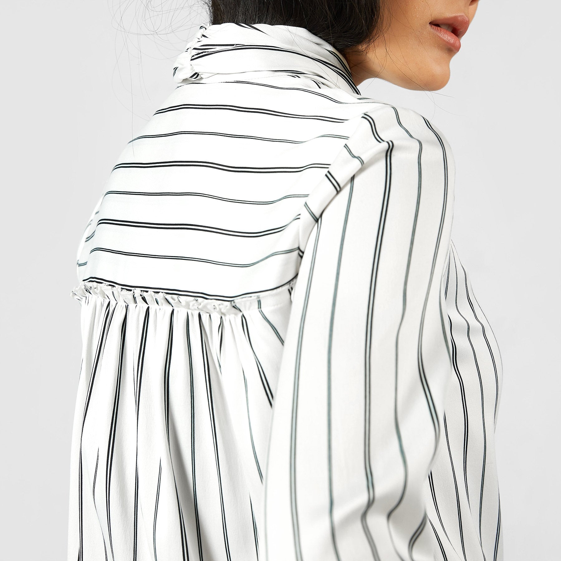 Monochrome Striped Pussy Bow Shirt