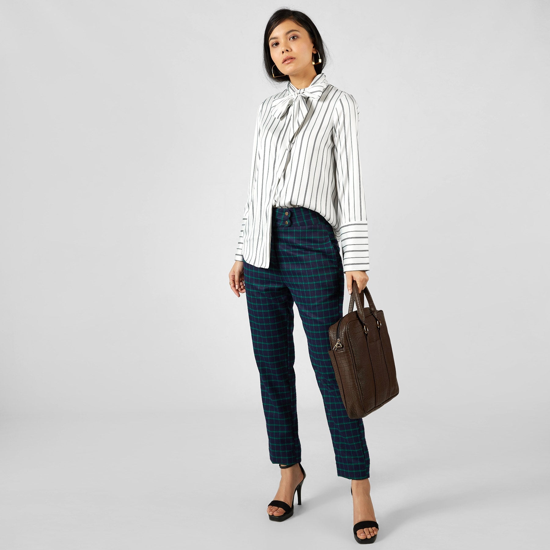 Monochrome Striped Pussy Bow Shirt