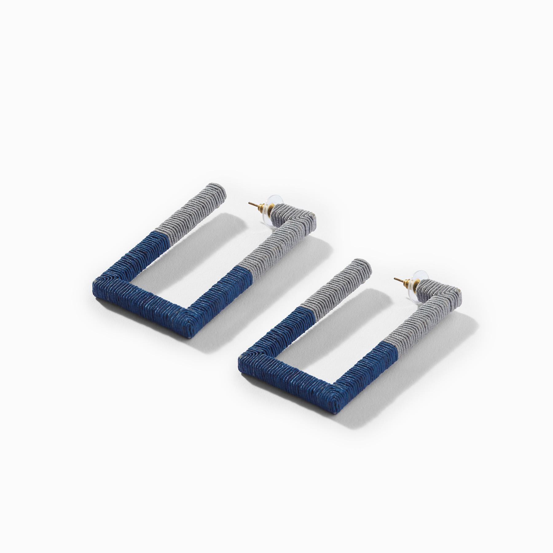 Navy & Grey Rectangle Thread Work Earrings