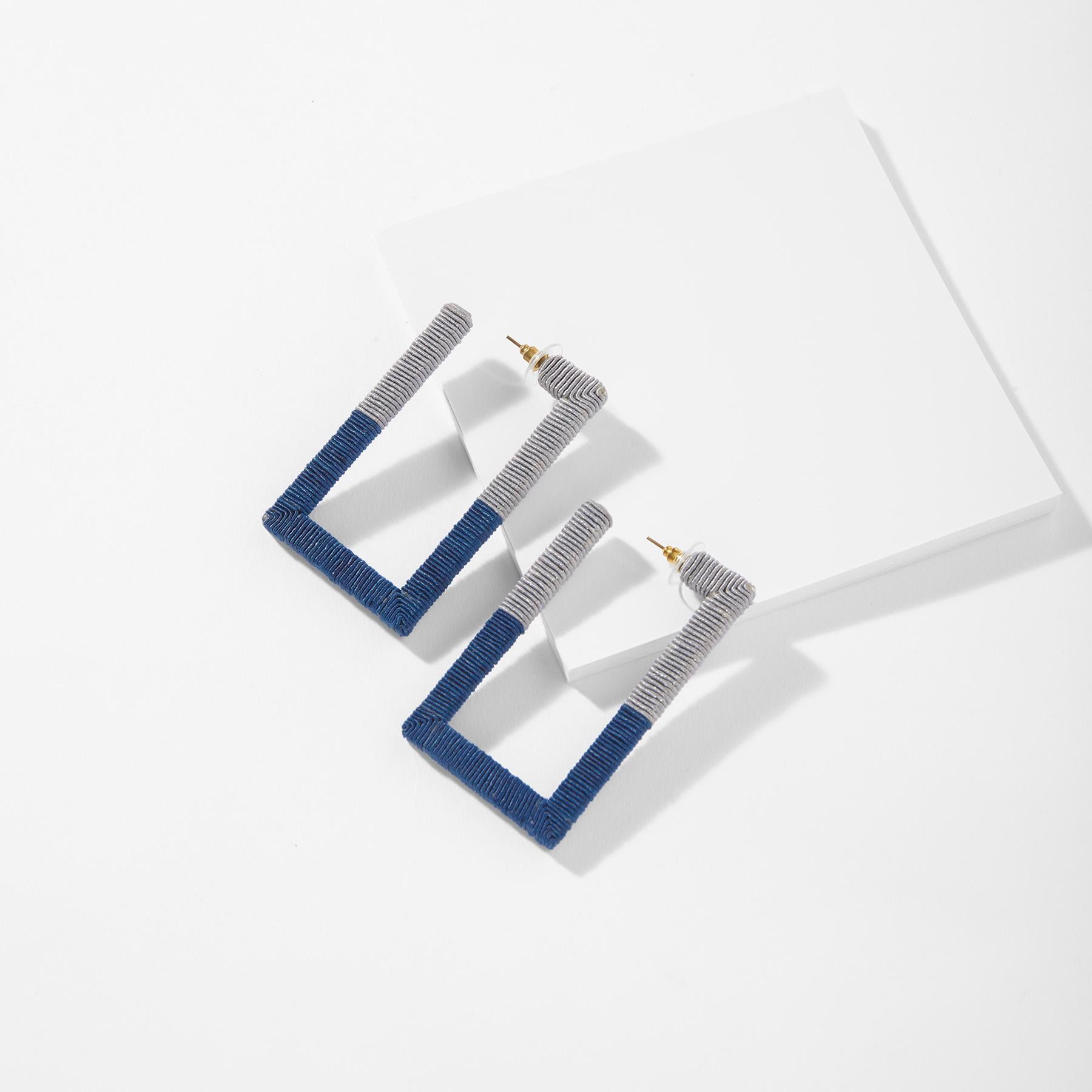 Navy & Grey Rectangle Thread Work Earrings