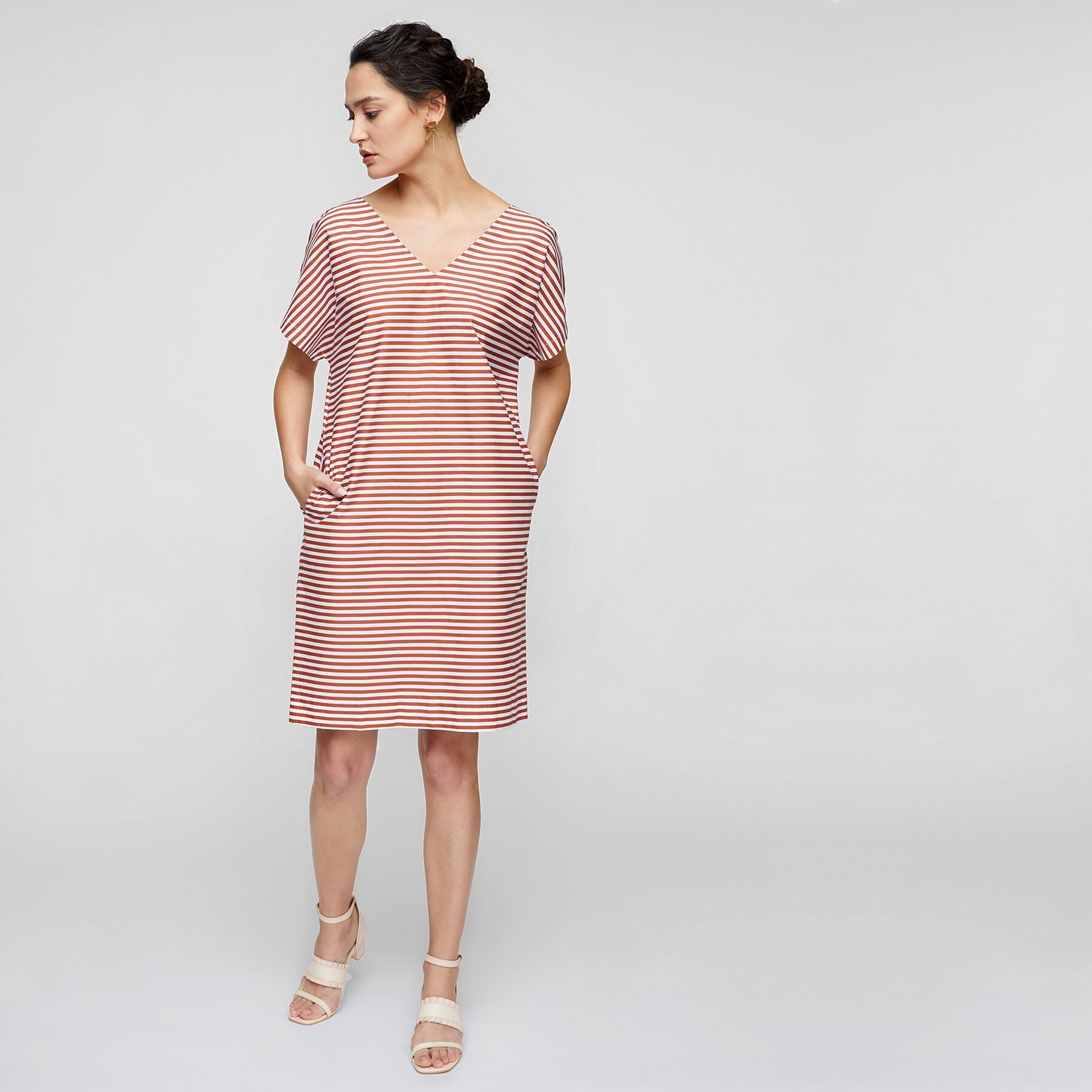 Rust Striped Back Button Shift Dress