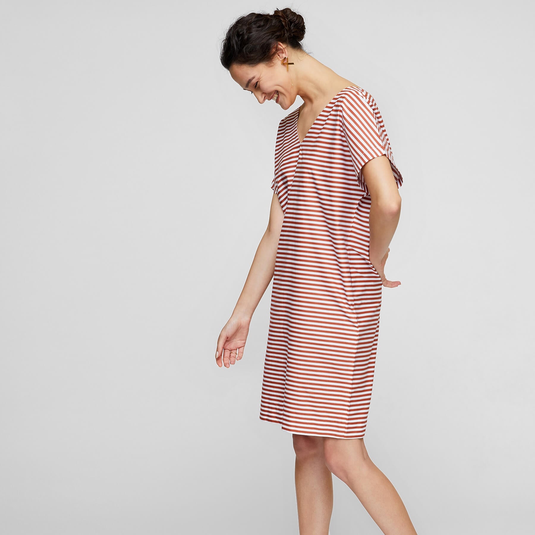 Rust Striped Back Button Shift Dress