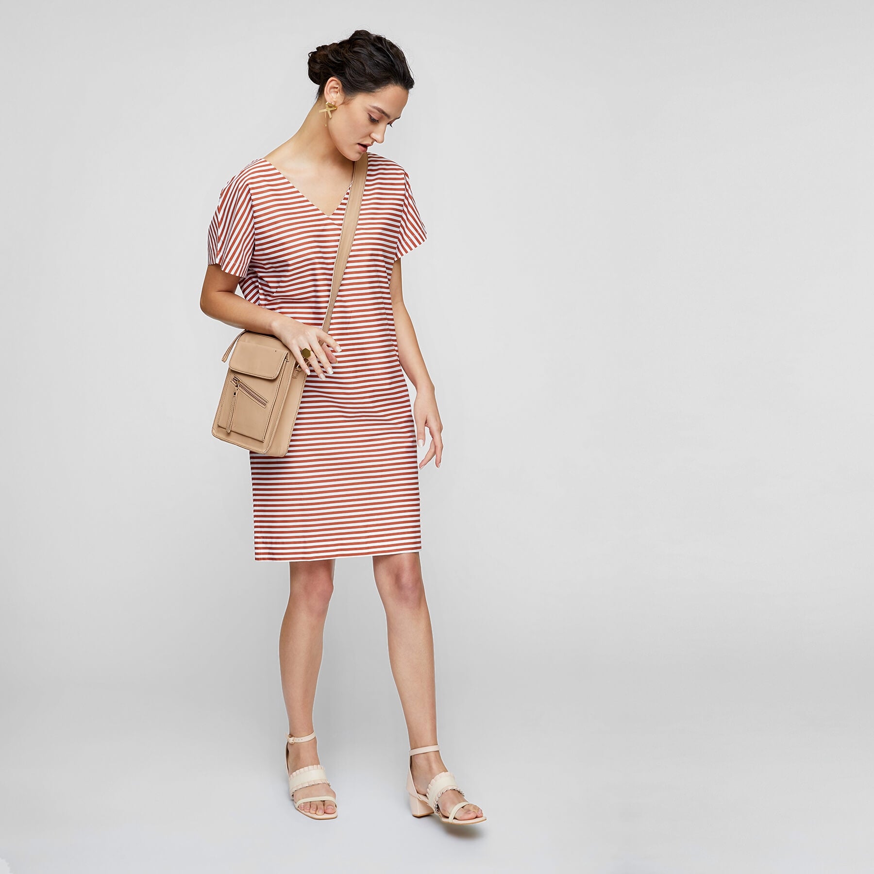 Rust Striped Back Button Shift Dress