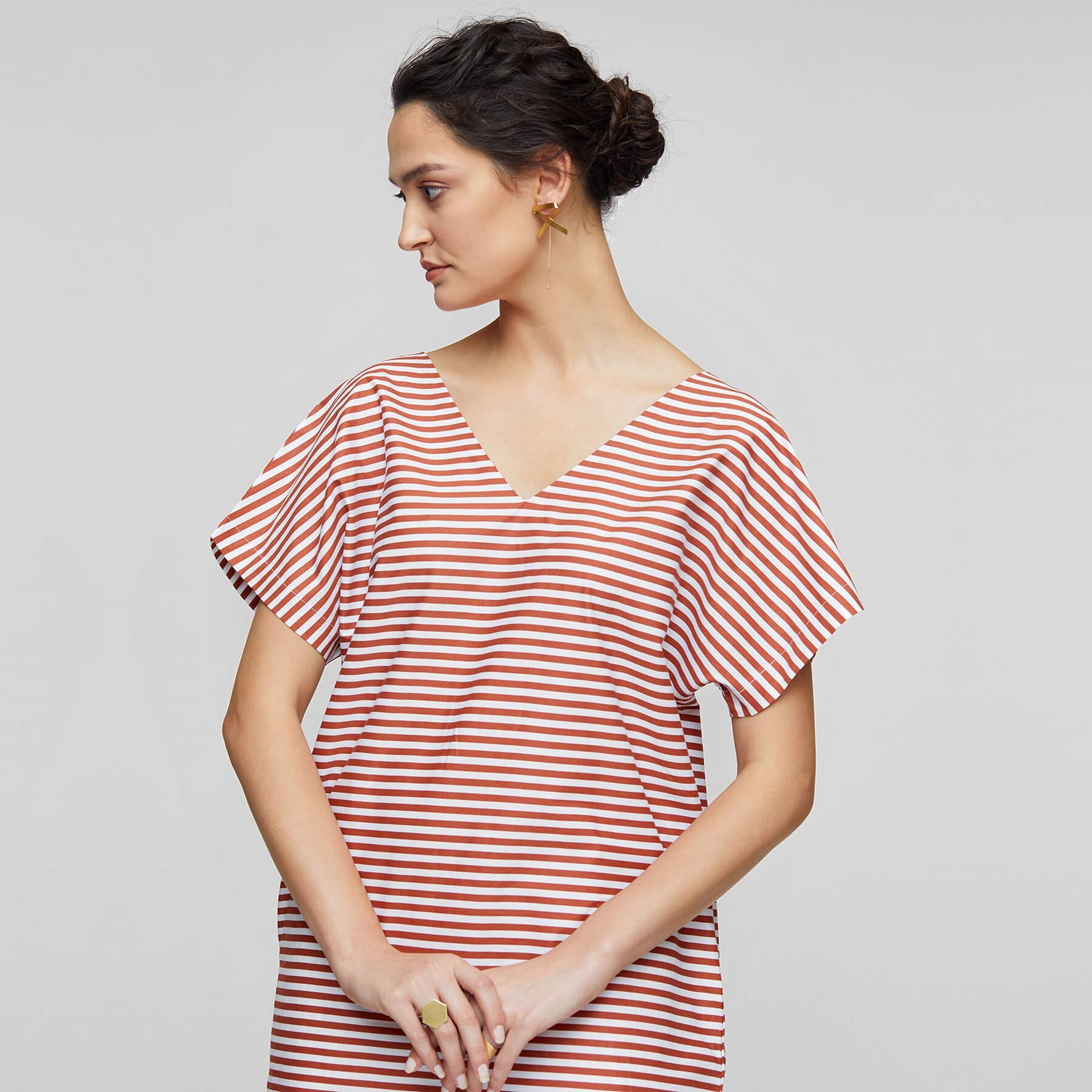 Rust Striped Back Button Shift Dress